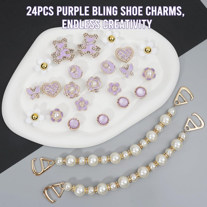 Lugailly Bling Shoe Charms for Girls and Women, Girly Gold Shoe Charms for Clog Sandals, 24 PCS Glitter Pearl Flower Shoes Decoration Bulk, Shoes Chains Pins Charm Accessories - Image 2